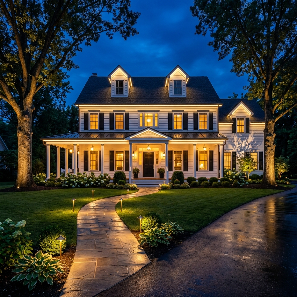 Finished professional lighting installation at twilight