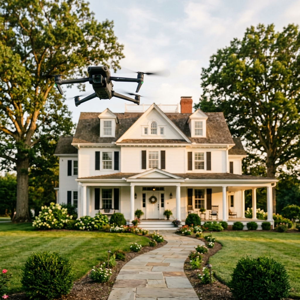 Drone scanning a residential property at golden hour